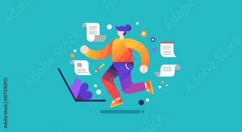 Dynamic illustration of a person running amidst documents and a laptop, symbolizing productivity, efficiency, and managing multiple tasks in a fast-paced work environment.