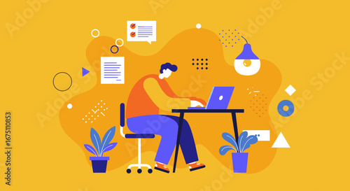 Man working on laptop at desk, illustrating productivity, remote work, and creative problem-solving in a modern office or home setting.