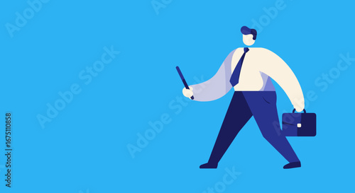 Professional businessman walking with a briefcase and pointer, symbolizing determination and progress in a corporate environment.