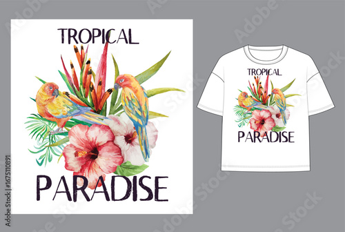 Watercolor T-shirt print design with parrots, hibiscus, palm foliage, and bird-of-paradise flowers. Text “Tropical Paradise” in bold typography. Ideal for beachwear, summer fashion, holiday souvenirs.