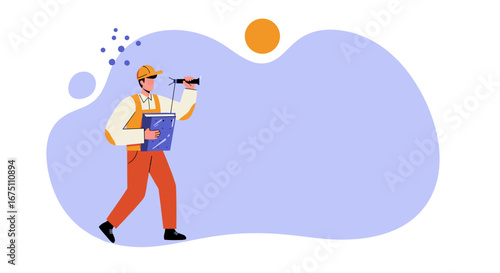 A person in a cap and overalls searches with a monocular, holding a device on an abstract background. Represents exploration, discovery, future vision, business strategy, or research.