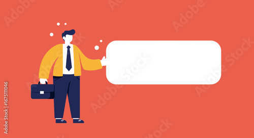 Illustrated businessman with a briefcase pointing to a customizable blank text box, symbolizing communication, information, or announcements.