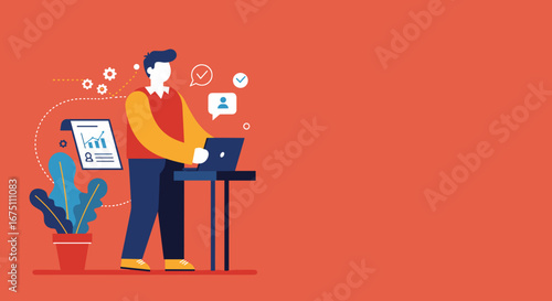 Man works efficiently on laptop, analyzing data and communicating tasks. Ideal for business, technology, and workflow concepts.