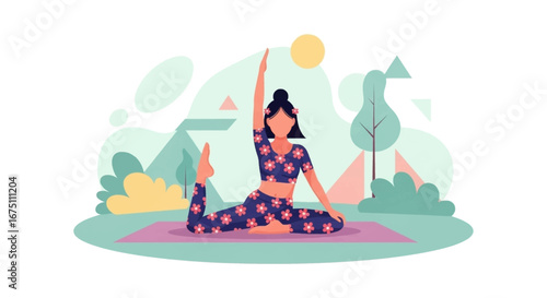 Woman practicing yoga King Pigeon Pose outdoors. This illustration conveys wellness, mindfulness, and a healthy lifestyle, perfect for fitness and relaxation themes.