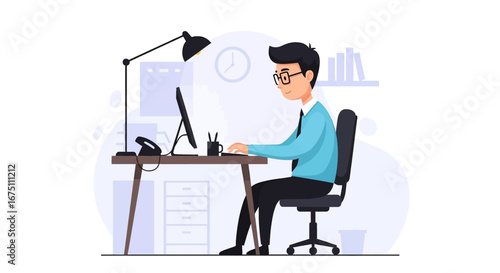 Focused man diligently working on his computer at a modern office desk. Ideal for business, productivity, remote work, or technology concepts.