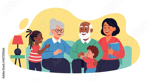 Joyful multi-generational family: grandparents, mother, and children, sharing happy moments at home. Illustrates love, strong bonds, and intergenerational connection. Ideal for lifestyle content.