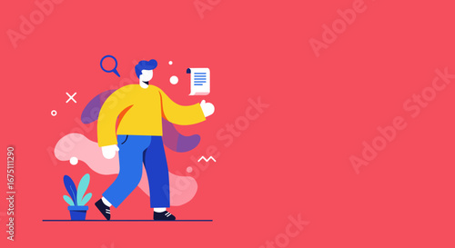 Modern illustration of a person reviewing a document, symbolizing tasks, search, or information management. Ideal for business, planning, or digital concepts.