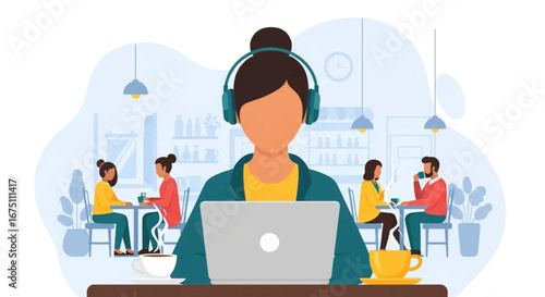 A focused woman in headphones works remotely on her laptop in a bustling coffee shop, embodying modern flexible work and a digital nomad lifestyle.