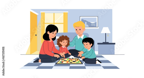 Happy family playing a board game on the living room floor, enjoying quality time together. Represents family bonding, childhood, and leisure at home.