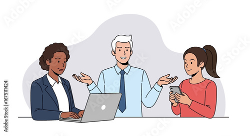 Diverse business team collaborating with laptop and smartphone, showcasing communication, discussion, and modern workplace interactions.