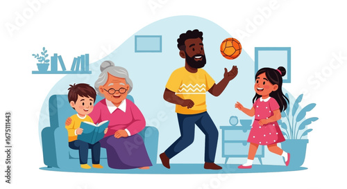 Happy diverse family enjoying quality time at home. Grandmother and grandson read while father and daughter play, illustrating warmth and family bonding.