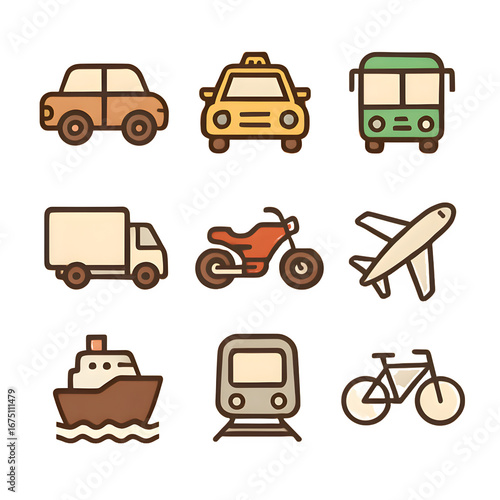 Nine adorable illustrated icons depicting various modes transportation, perfect travel, logistics, children's content.