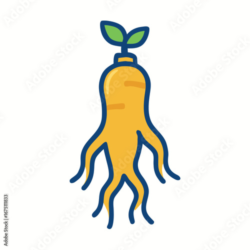 Ginseng Root with Green Leaves Vector Illustration