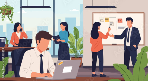 Diverse business team collaborating in a modern office environment, engaging in productive work, discussions, and a whiteboard presentation.
