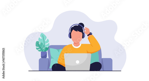 Person in headphones working remotely on a laptop from a comfortable sofa at home. Represents flexible work, online learning, or digital leisure, promoting productivity and connection.