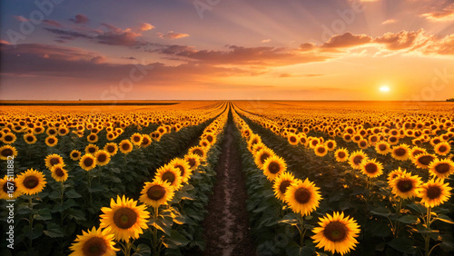 Endless field of sunflowers at sunset with dramatic sky and sun rays agriculture nature