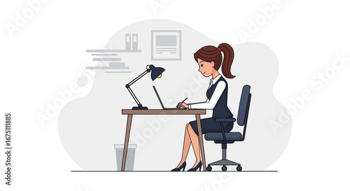 Professional businesswoman diligently working on her laptop at a desk in an office environment. Ideal for concepts of productivity, business, and remote work.
