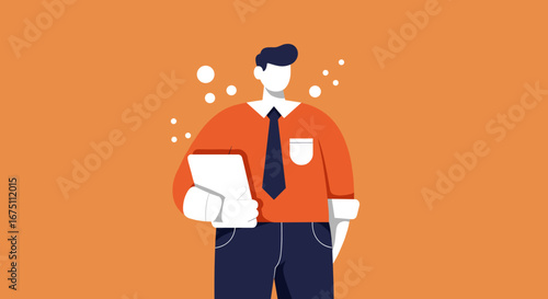 An illustration of a confident businessman holding a tablet, ideal for concepts of innovation, communication, technology, and corporate productivity.