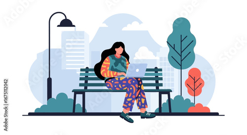 Woman working remotely on a laptop in a city park. Illustrates modern flexible work, digital nomad lifestyle, and urban productivity.