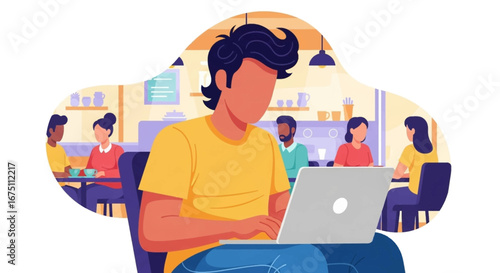 Young man working remotely on his laptop in a modern cafe, depicting flexible work, productivity, and a contemporary lifestyle.