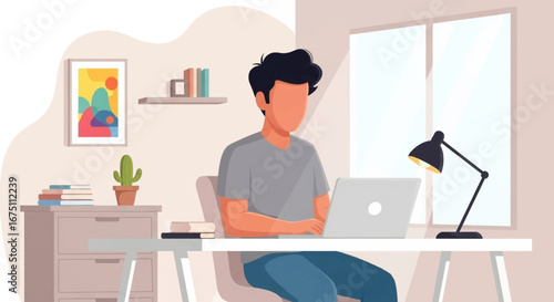 Young man focused on work at his home office, utilizing a laptop. Perfect for themes of remote work, online learning, productivity, and modern lifestyle.