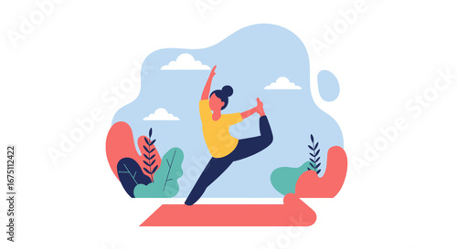 Woman practicing a graceful yoga pose on a mat amidst stylized nature, promoting wellness, balance, and a healthy lifestyle.