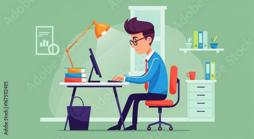 Focused professional diligently working on a computer in a modern office, symbolizing productivity, online tasks, and remote work. Ideal for business and technology.