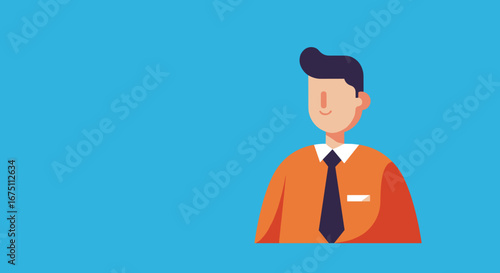 Smiling business professional in a tie and orange shirt, offering a friendly, positive, and approachable image. Ideal for corporate, customer service, or HR concepts.