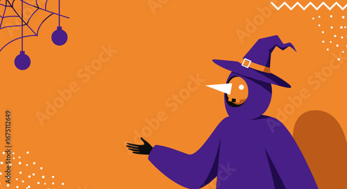 Stylized plague doctor character in a witch hat on a vibrant orange background with spiderweb and decorative elements, perfect for Halloween designs or spooky invitations.