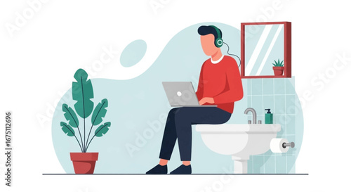 Man with headphones working on laptop while sitting on the toilet, illustrating remote work flexibility, home office, and unconventional multitasking.