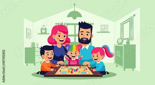 A joyful family with parents and three children playing a colorful board game at home, showcasing happy moments and bonding time. Ideal for lifestyle and family concepts.