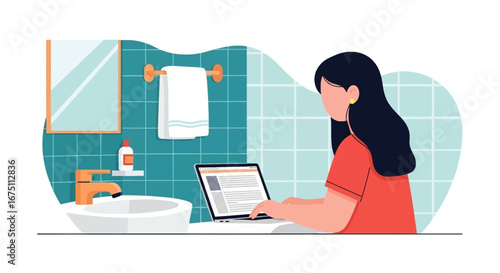 Woman working on laptop in a modern bathroom, illustrating remote work, flexible schedule, or digital nomad lifestyle.