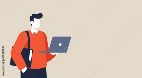 Stylized illustration of a man working or studying remotely with a laptop and shoulder bag. Represents modern education, business, and digital lifestyle concepts.
