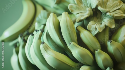 A close up shot of a bunch of green bananas and banana flowers, with a green background and soft lighting