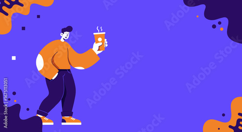 A stylized man casually walks with a steaming coffee cup on a vibrant purple background. Ideal for lifestyle, daily routine, or business concepts.