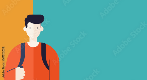 Minimalist illustration of a student or young traveler with a backpack against a modern dual-tone background. Perfect for educational and lifestyle themes.