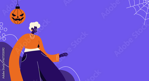 Vibrant illustration of a stylish person against a purple background, featuring Halloween elements like a hanging jack-o'-lantern and spiderweb. Ideal for holiday promotions and seasonal themes.