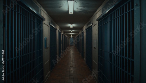 Dark prison hallway featuring rows of barred metal cell doors upon both sides, illuminated by overhead fluorescent lights, creating the cold and confined atmosphere within perspective view
