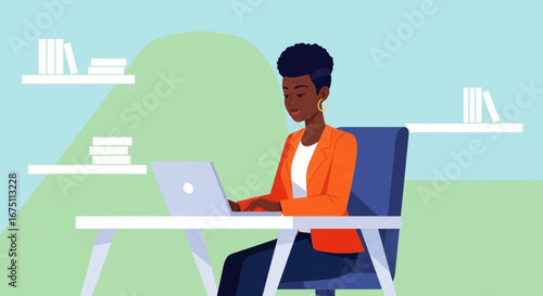 Professional Black woman focused on her laptop at a desk in a modern office or home setting, symbolizing remote work, productivity, and online learning.