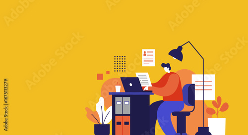 Focused person working diligently on a laptop at a modern desk, illustrating concepts of productivity, remote work, and online education.