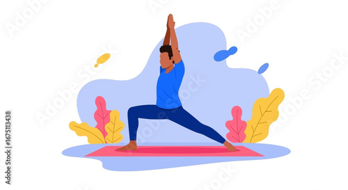 Man practicing yoga in a warrior pose on a mat, demonstrating focus and well-being. Ideal for health, fitness, or mindfulness concepts.