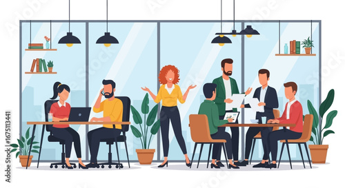 Business professionals collaborate and work diligently in a modern, light-filled office environment. Ideal for corporate, teamwork, and productivity concepts.