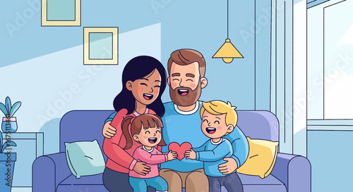 Happy family with two children embracing on a sofa at home, sharing a heart. Represents love, joy, and togetherness in a loving household. Ideal for lifestyle and parenting themes.