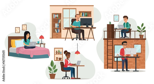 Diverse people working from home and various remote locations, illustrating modern telecommuting, flexible work, and efficient productivity. Ideal for business and lifestyle.