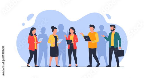 Diverse business professionals collaborate and discuss ideas, using laptops in a dynamic team meeting environment. Ideal for corporate, teamwork, and modern communication themes.