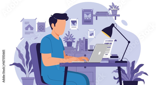 Focused man works remotely on a laptop in a cozy home office setup, emphasizing productivity, online learning, and modern lifestyle.