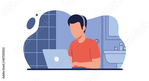 Focused person in headphones working remotely on a laptop, ideal for concepts of online learning, telecommuting, and digital lifestyle.