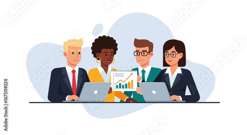 Diverse business team collaborating on a project, analyzing data for growth. Ideal for corporate strategy, teamwork, and financial success concepts.