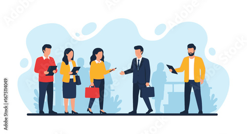 Diverse business professionals collaborate in a modern office setting. Represents teamwork, recruitment, corporate communication, or staff development.
