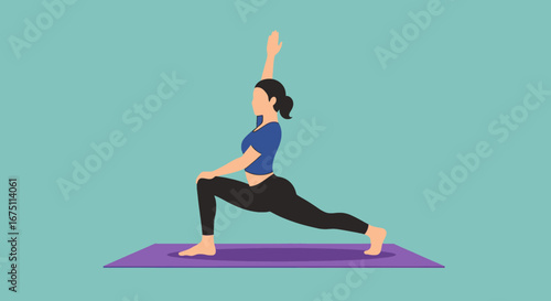 Woman in a lunge yoga pose on a purple mat, illustrating health, balance, and fitness. Perfect for wellness and active lifestyle themes.